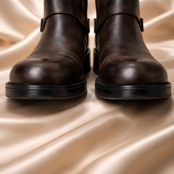 Wild Fable Womens Faux Brown Leather Knee Hi Moto Buckle Boots - Size 8.5 - Picture 6 of 12